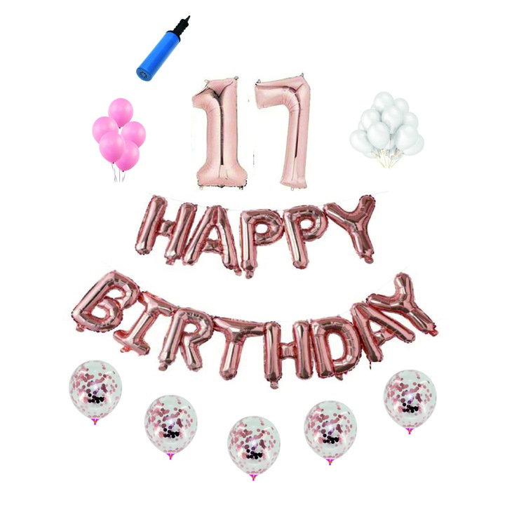 Set complet Happy Birthday , 17 ani, roz gold, cifre 1 metru