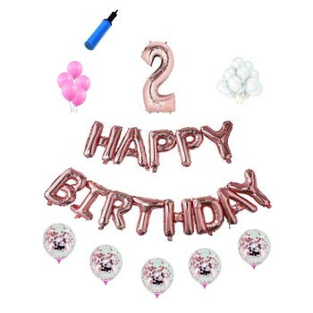 Set complet Happy Birthday , 2 ani, roz gold, cifra 1 metru Set complet Happy Birthday , 2 ani, roz gold, cifra 1 metru