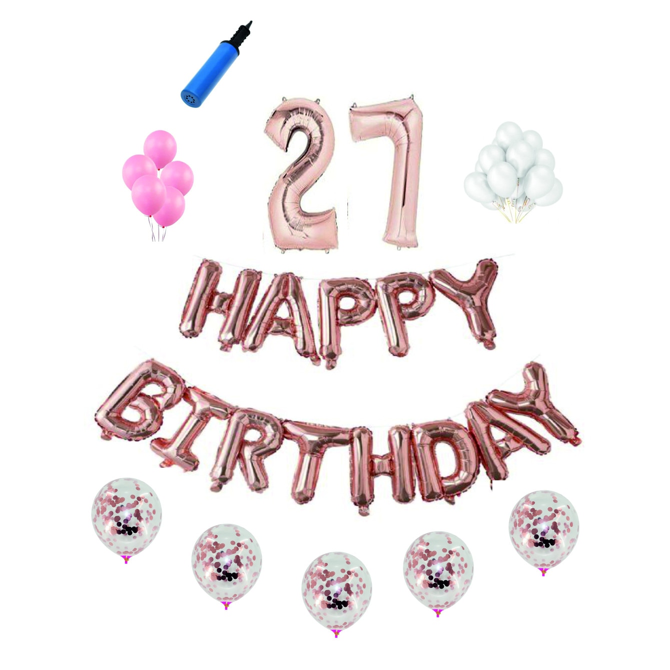 Set complet Happy Birthday , 27 ani, roz gold, cifre 1 metru