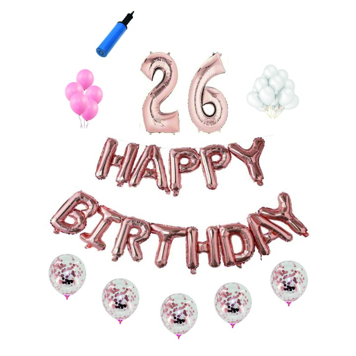 Set complet Happy Birthday , 26 ani, roz gold, cifre 1 metru