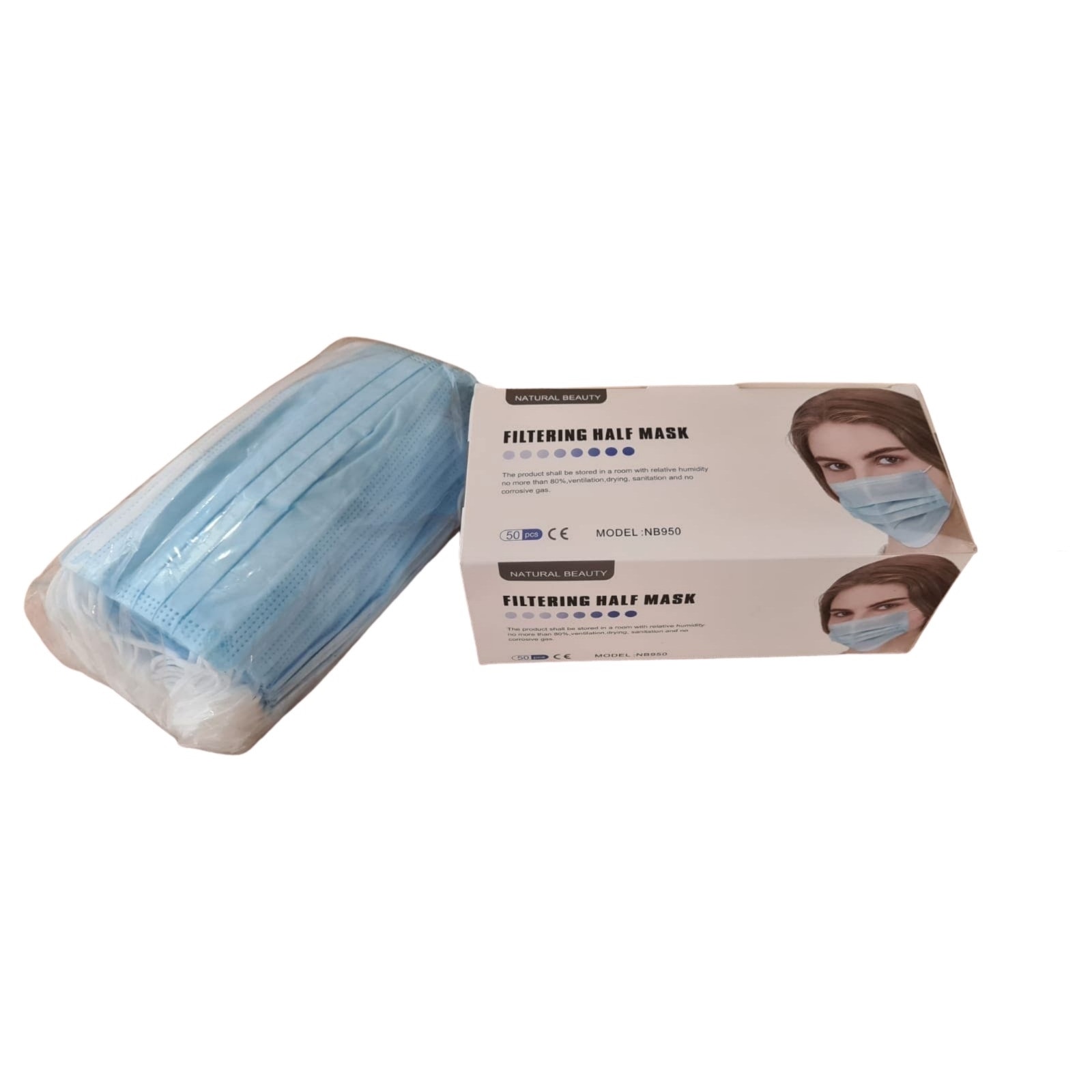 Cutie de 50 buc masti de unica folosinta cu 3 pliuri si 3 straturi, elastic, Albastre