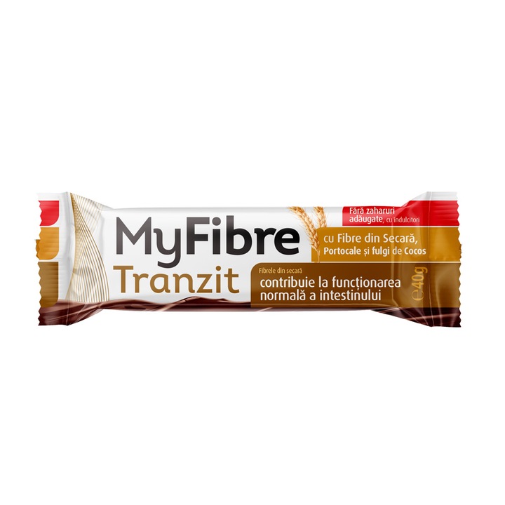 Baton digestiv cu fibre din secara, MyFibre Tranzit, fara zaharuri adaugate, cu ciocolata cu lapte, cocos si portocale, 40g