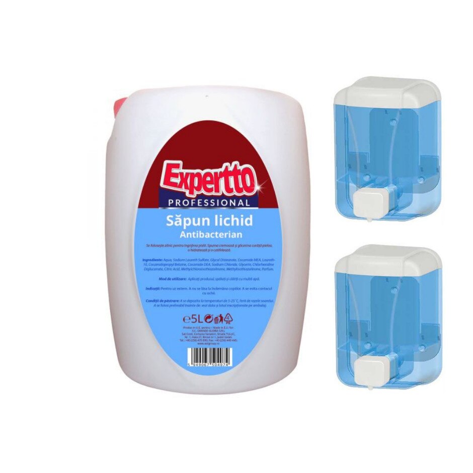 Pachet Sapun lichid antibacterian Expertto 5 L si 2 x Dispenser sapun lichid 500 ml