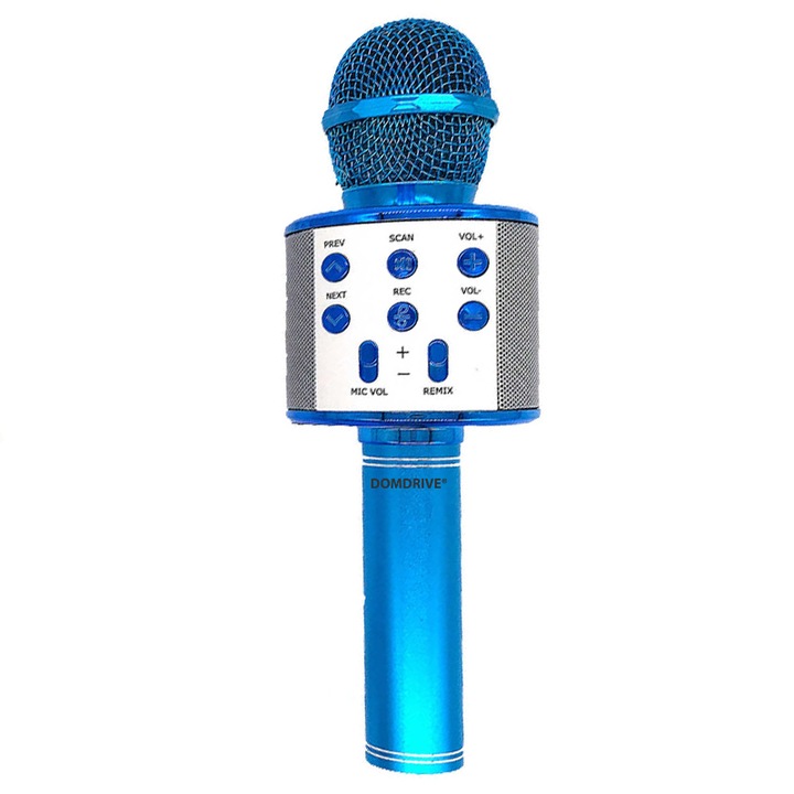 Microfon de Karaoke DOMDRIVE® cu Boxa incorporata, fara fir, Bluetooth, SD Card, USB, AUX, Albastru