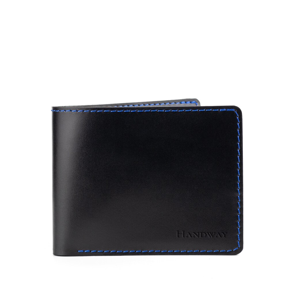Portofel din piele naturala, Handway, Classic, Premium, Realizat manual, Compartiment buletin, Negru, Culoare cusatura Albastru