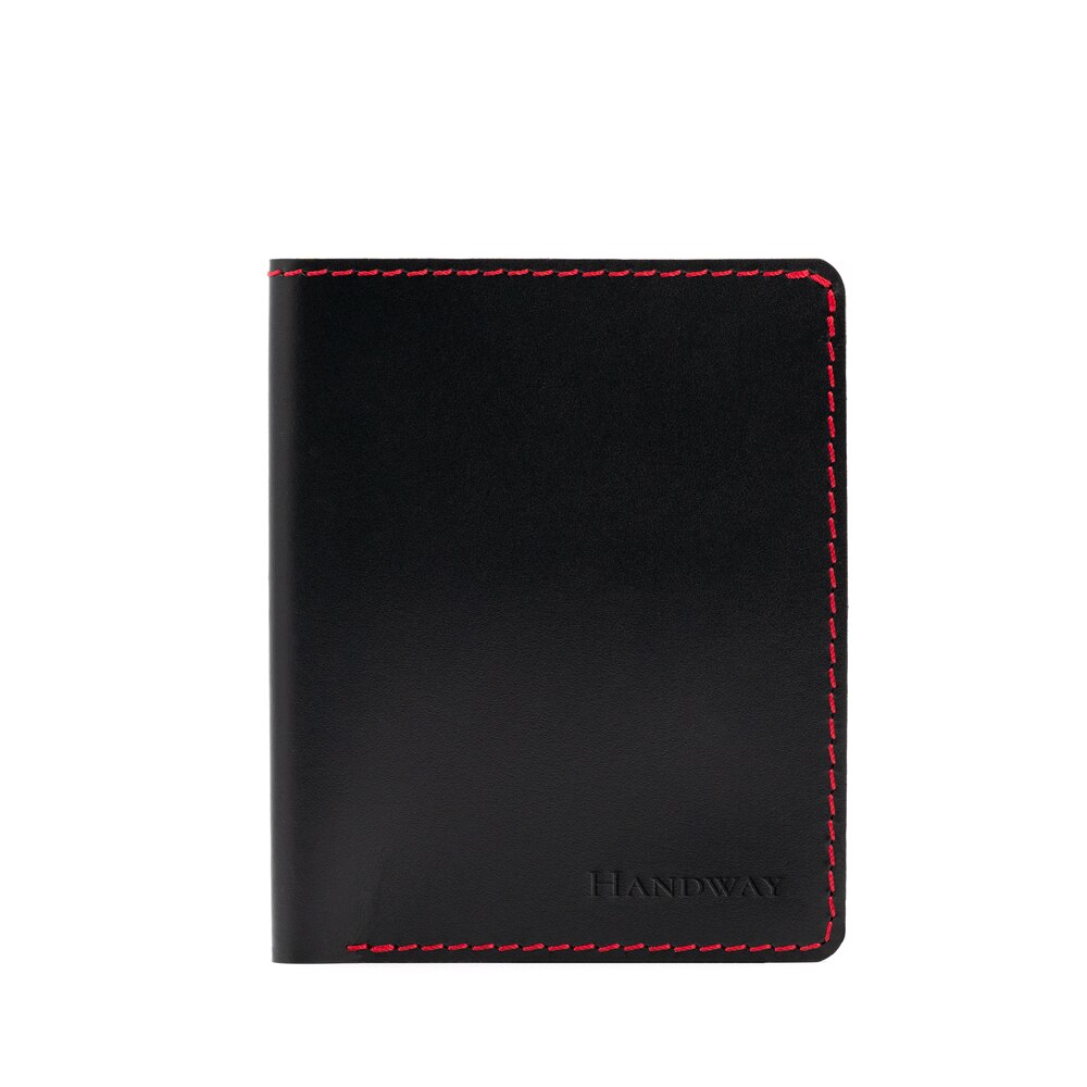 Portofel din piele naturala, Handway, Premium, Vertical, Realizat manual, Compartiment buletin, Negru, Culoare cusatura: Rosu