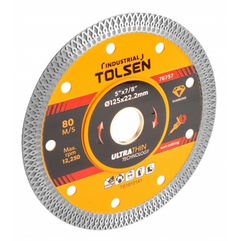 Disc diamantat ultra subtire Tolsen, 115 x 22.2 x 1 mm, lama 10 mm, taiere umeda/uscata, uz industrial Disc diamantat ultra subtire Tolsen, 115 x 22.2 x 1 mm, lama 10 mm, taiere umeda/uscata, uz industrial