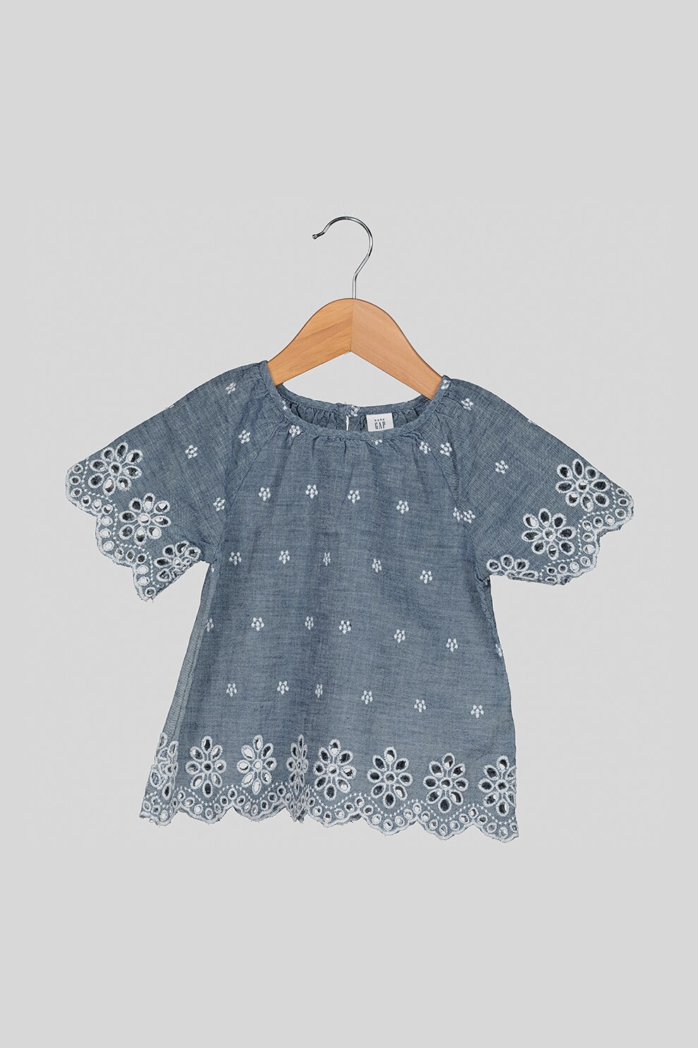 GAP, Bluza cu maneci scurte si broderie Sangallo, Albastru melange/Alb