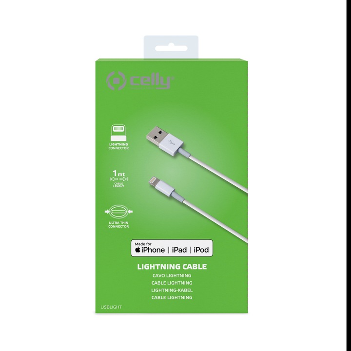 Cablu de date/incarcare Celly, tip lightning 1M, Alb