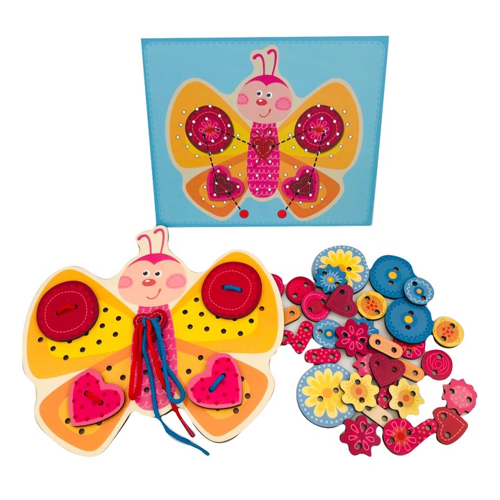 Joc educativ, de insiruit, Fluturasul Vesel, din lemn, 2 planse, 40 piese, Unitoys