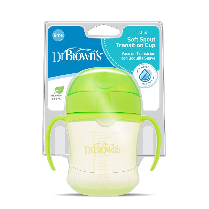 Cana de Tranzitie, Dr Brown's, Cu Cioc, Manere si Capac, 180 ml, 6 luni +, Anticurgere, Fara BPA, Verde