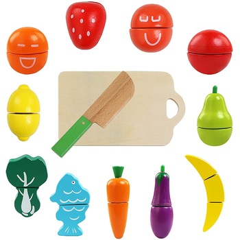 Set de Taiat din Lemn, cu Legume, Fructe, Peste, Cutit si Tocator Incluse, Piese Unite cu Scai, 13 Piese, Multicolor Set de Taiat din Lemn, cu Legume, Fructe, Peste, Cutit si Tocator Incluse, Piese Unite cu Scai, 13 Piese, Multicolor