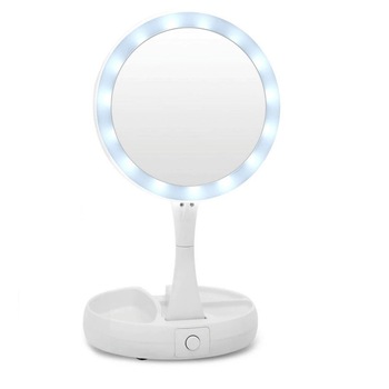 Oglinda comsetica rotunda, cu iluminare LED pe margine si factor de marire, picior cu compartimente, culoare alb Oglinda comsetica rotunda, cu iluminare LED pe margine si factor de marire, picior cu compartimente, culoare alb