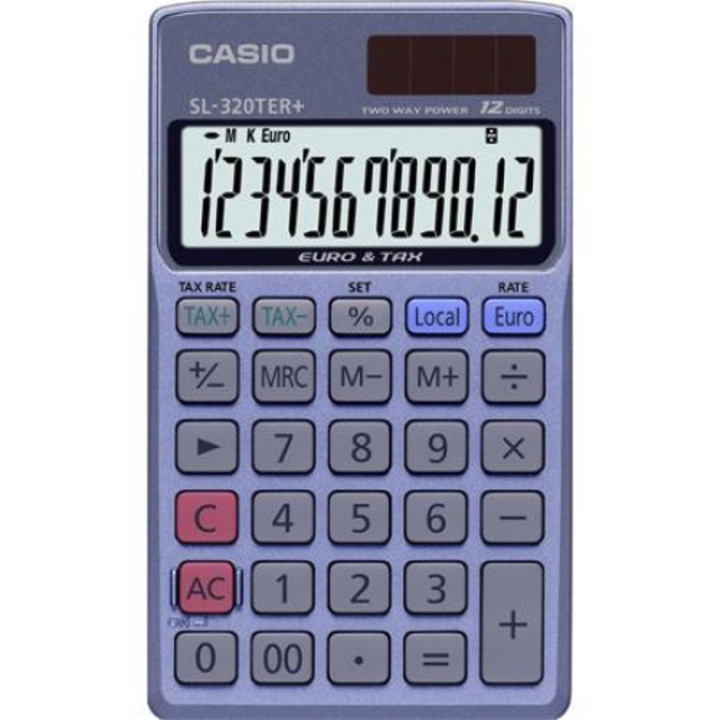 Calculator de buzunar, Casio, 12 cifre, Baterie/Energie solara, Albastru