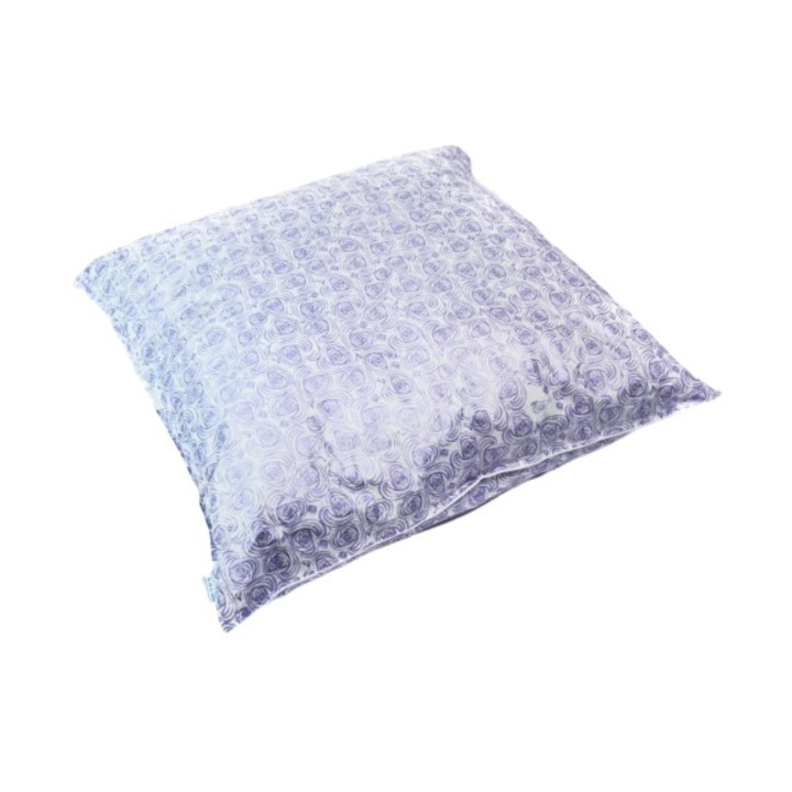 Perna traditionala din puf de gasca, HTT, model 100% bumbac, culoare Alb/Mov, dimensiuni 60x60x20 cm, greutate 0,900 kg, forma patrata, cusatura dubla