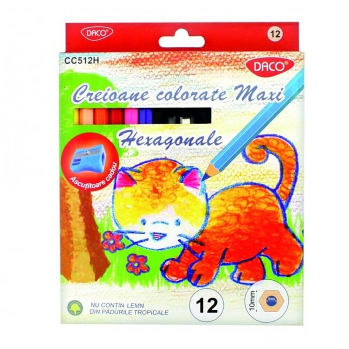 Set 12 Creioane Color DACO Maxi, Ascutitoare Inclusa, Corp din Lemn Hexagonal, 12 Culori Diferite