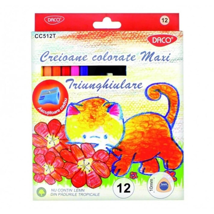 Set 12 Creioane Color DACO Maxi, Ascutitoare Inclusa, Corp din Lemn Triunghiular, 12 Culori Diferite
