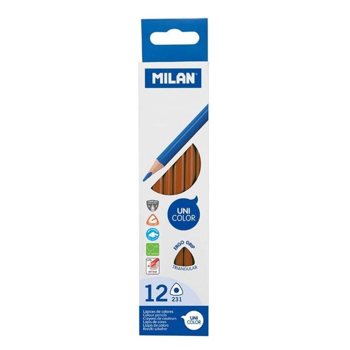 Set 12 Creioane Unicolor MILAN, Culoare Maro, Corp Hexagonal din Lemn