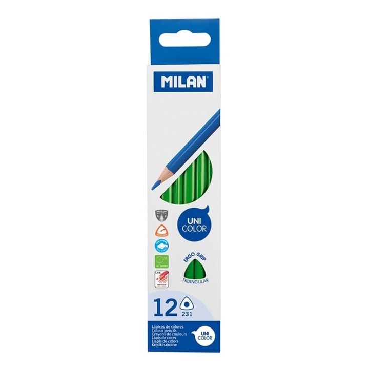 Set 12 Creioane Unicolor MILAN, Culoare Verde, Corp Hexagonal din Lemn