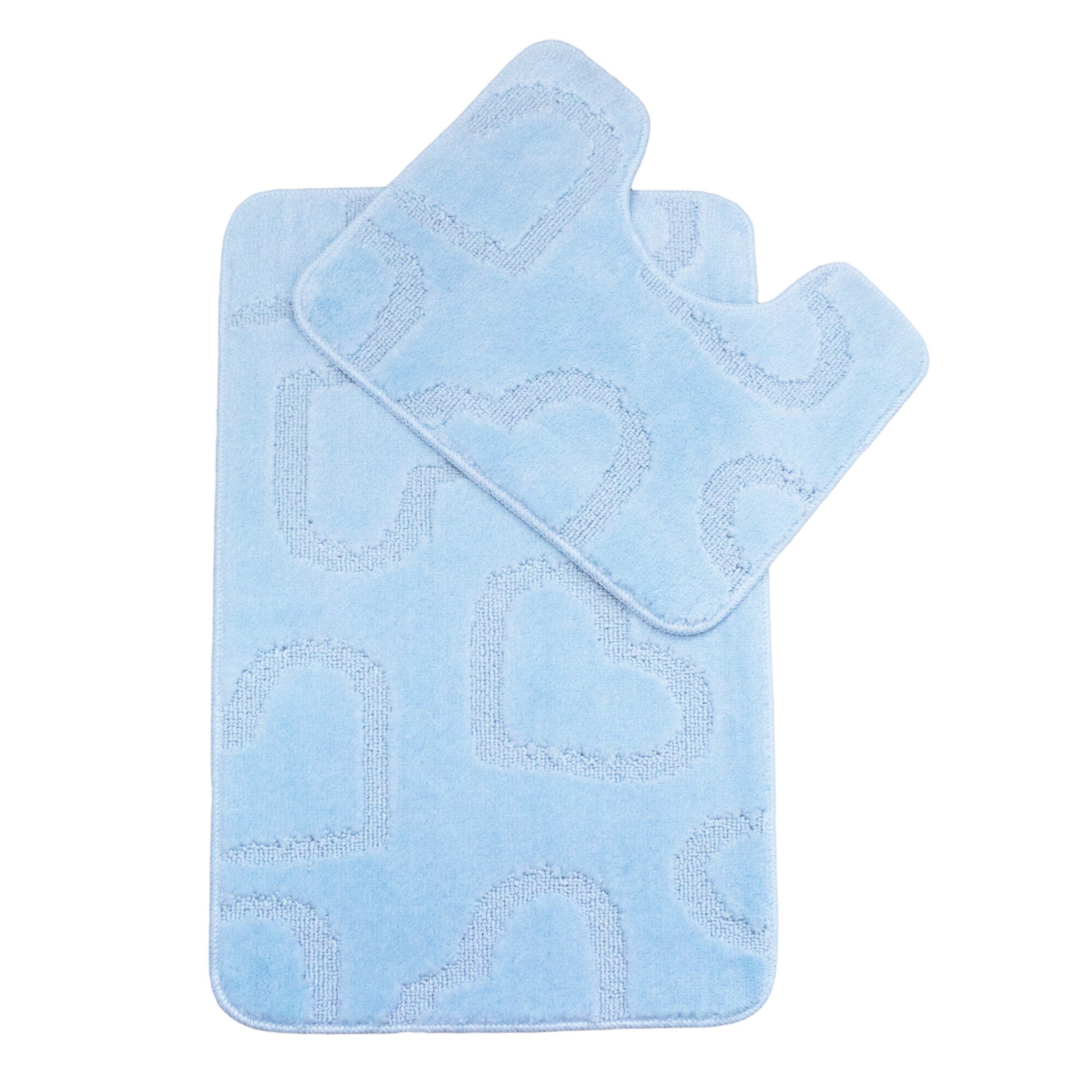 Set 2 covorase baie Basic Standard , 50x80cm/40x50cm, antiderapant, polipropilena, culoare bleo bebe, model inimi, gramaj 800 g