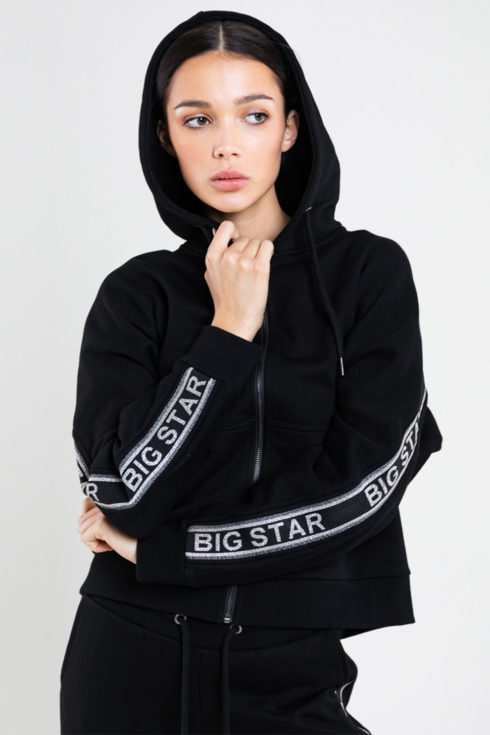 Big Star, Hanorac cu fermoar si garnitura logo, Negru, L