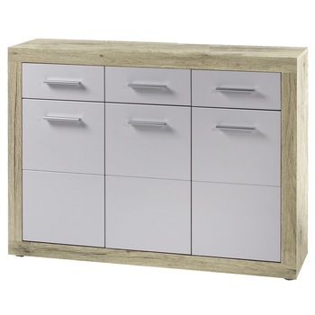 Comoda CAN CAN, 117x88x37 cm, 3 sertare, 3 usi, front Alb, laterale Stejar- San Remo Comoda CAN CAN, 117x88x37 cm, 3 sertare, 3 usi, front Alb, laterale Stejar- San Remo