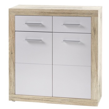 Comoda CAN CAN, 82x88x37 cm, 2 sertare, 2 usi, front Alb, laterale Stejar- San Remo Comoda CAN CAN, 82x88x37 cm, 2 sertare, 2 usi, front Alb, laterale Stejar- San Remo