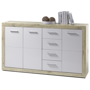 Comoda CAN CAN, 152x88x37 cm, 4 sertare, 3 usi, front Alb, laterale Stejar- San Remo Comoda CAN CAN, 152x88x37 cm, 4 sertare, 3 usi, front Alb, laterale Stejar- San Remo