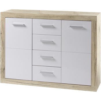 Comoda CAN CAN, 117x88x37 cm, 4 sertare, 2 usi, front Alb, laterale Stejar- San Remo Comoda CAN CAN, 117x88x37 cm, 4 sertare, 2 usi, front Alb, laterale Stejar- San Remo