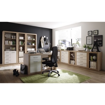 Birou CAN CAN, 130x76x60 cm,1 usa, 1 sertar, front din PVC, culoare Alb, laterale Stejar- San Remo Birou CAN CAN, 130x76x60 cm,1 usa, 1 sertar, front din PVC, culoare Alb, laterale Stejar- San Remo