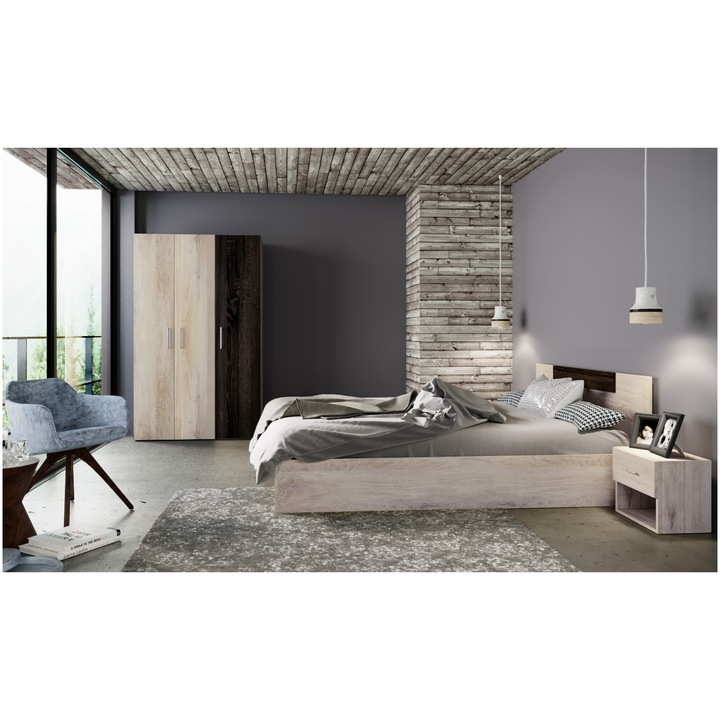 Dormitor Irim Superstar, Pat 160x200 cm, Dulap 3 usi, 2 Noptiere, Culoare Sonoma Choco/Arven