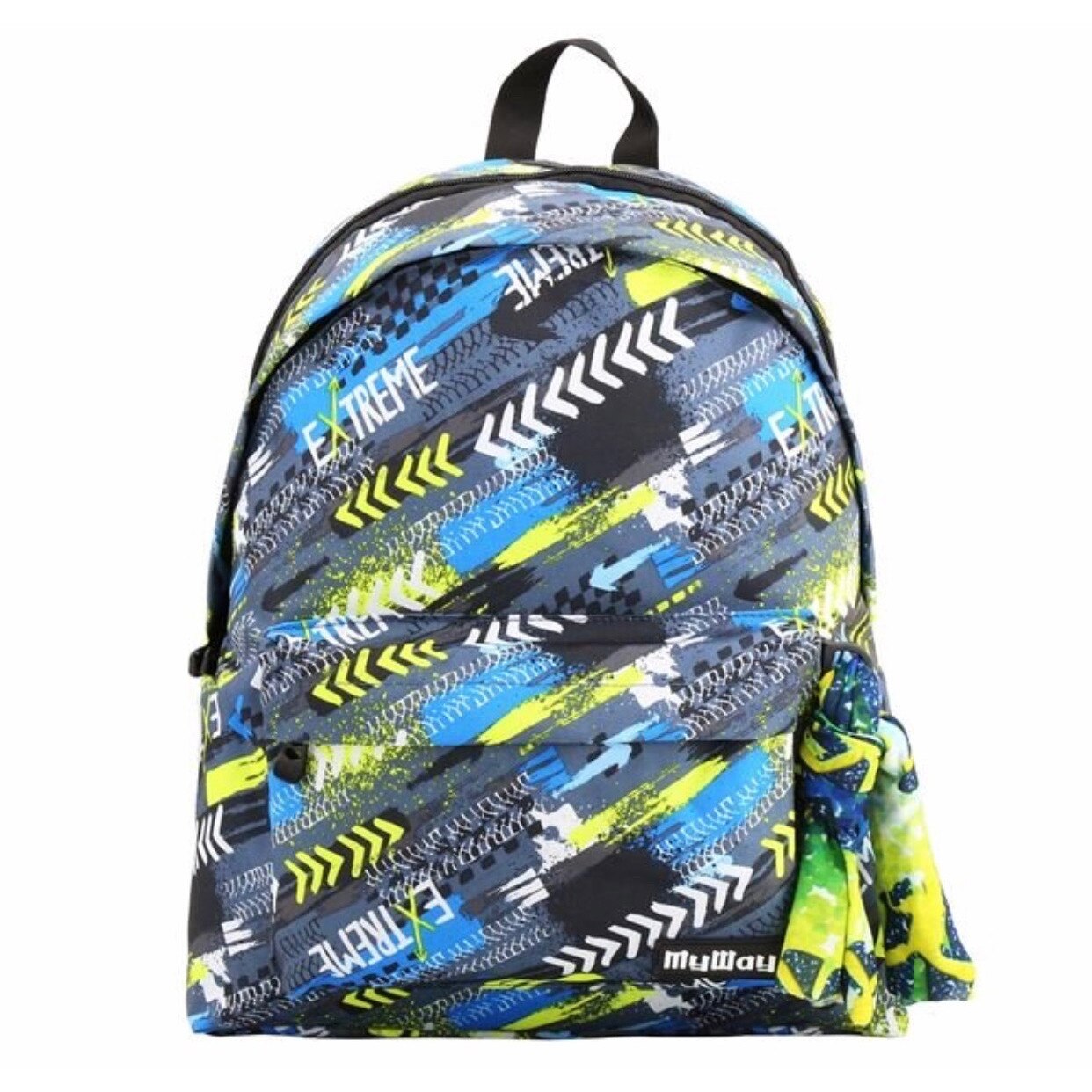 Ghiozdan de scoala multicolor cu 2 compartimente, 30 x 17 x 42 - 0 cm, buzunar frontal + o esarfa, are spate intarit, curele reglabile cu benzi reflectorizante, fermoare metalice si maner