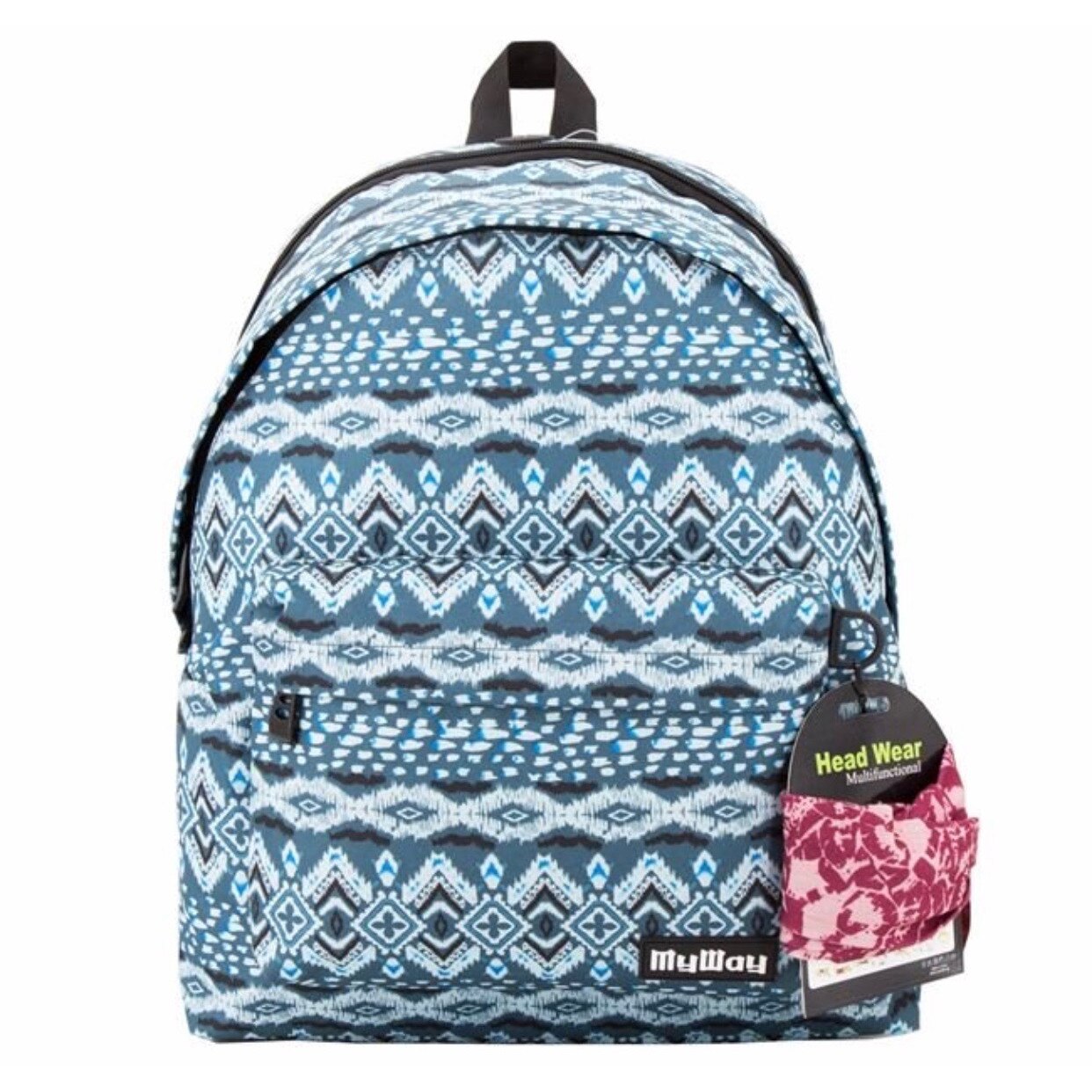 Ghiozdan de scoala albastru cu model, 2 compartimente, 30 x 17 x 42 - 0 cm, buzunar frontal + o esarfa, are spate intarit, curele reglabile cu benzi reflectorizante, fermoare metalice si maner