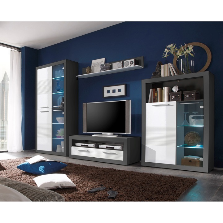 Комплект мебели за дневна Kolibri, 304x194x37 см, 4 части, LED светлина, Бял/Сив