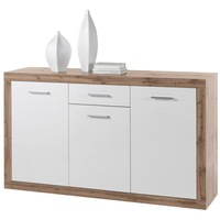 Comoda Mallorca 132x 90x35 cm, 3 sertare, 3 usi, Stejar Salbatic/Alb