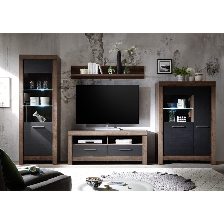 Комплект мебели за дневна Balin, 325x197x45 см, 4 части, LED, Черен/Дъб