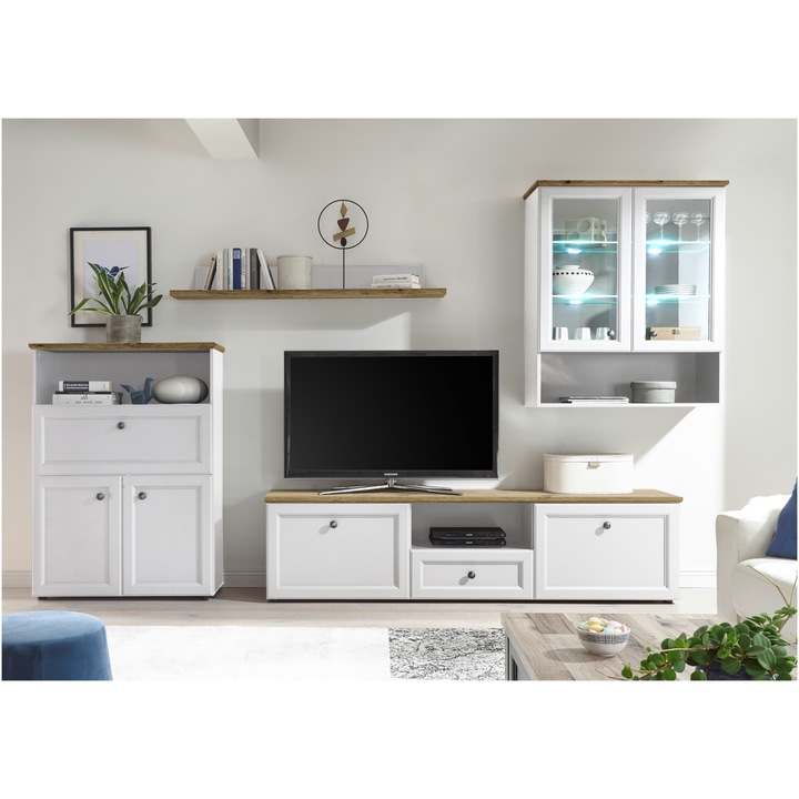 Living/Biblioteca Toscana, 324 x 197 x 43 cm, 4 piese, LED, culoare Alb Artisan