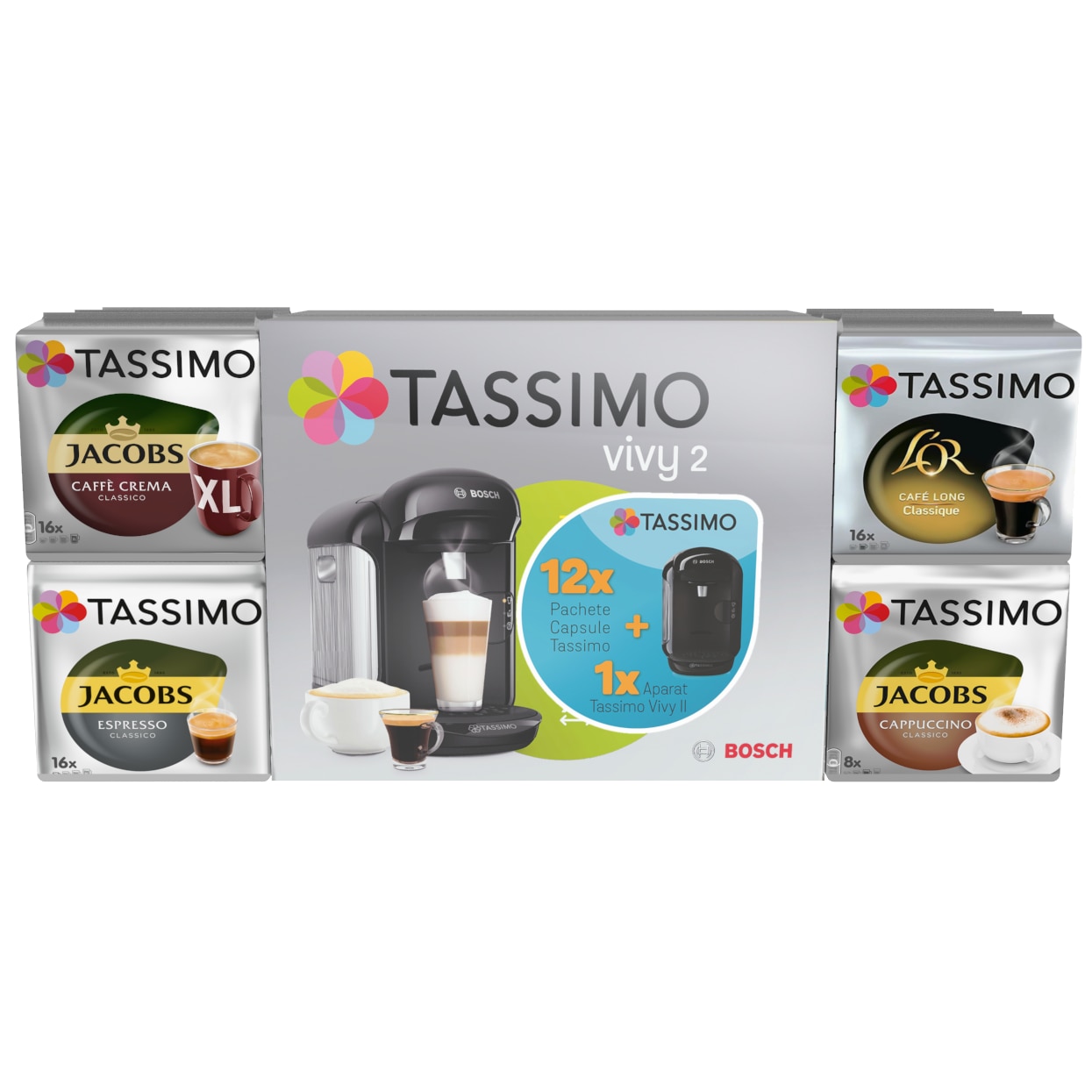 Hen Graze Perfect Pachet 12 cutii capsule cafea Tassimo Jacobs si L'Or + cadou Espressor  Bosch Tassimo Vivy II, Negru (8711000672914) | Istoric Preturi