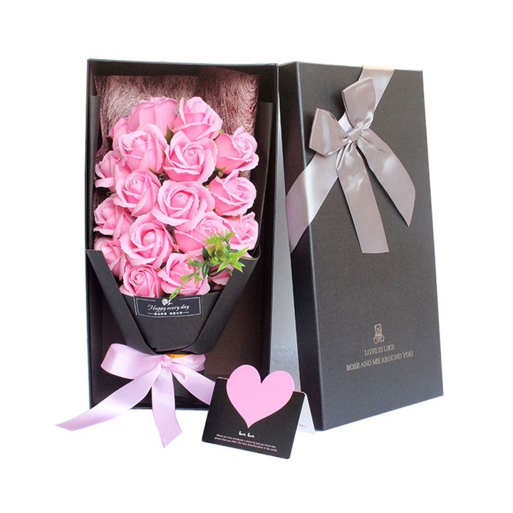 Buchet 18 trandafiri de sapun, ambalat cutie cadou, culoare roz