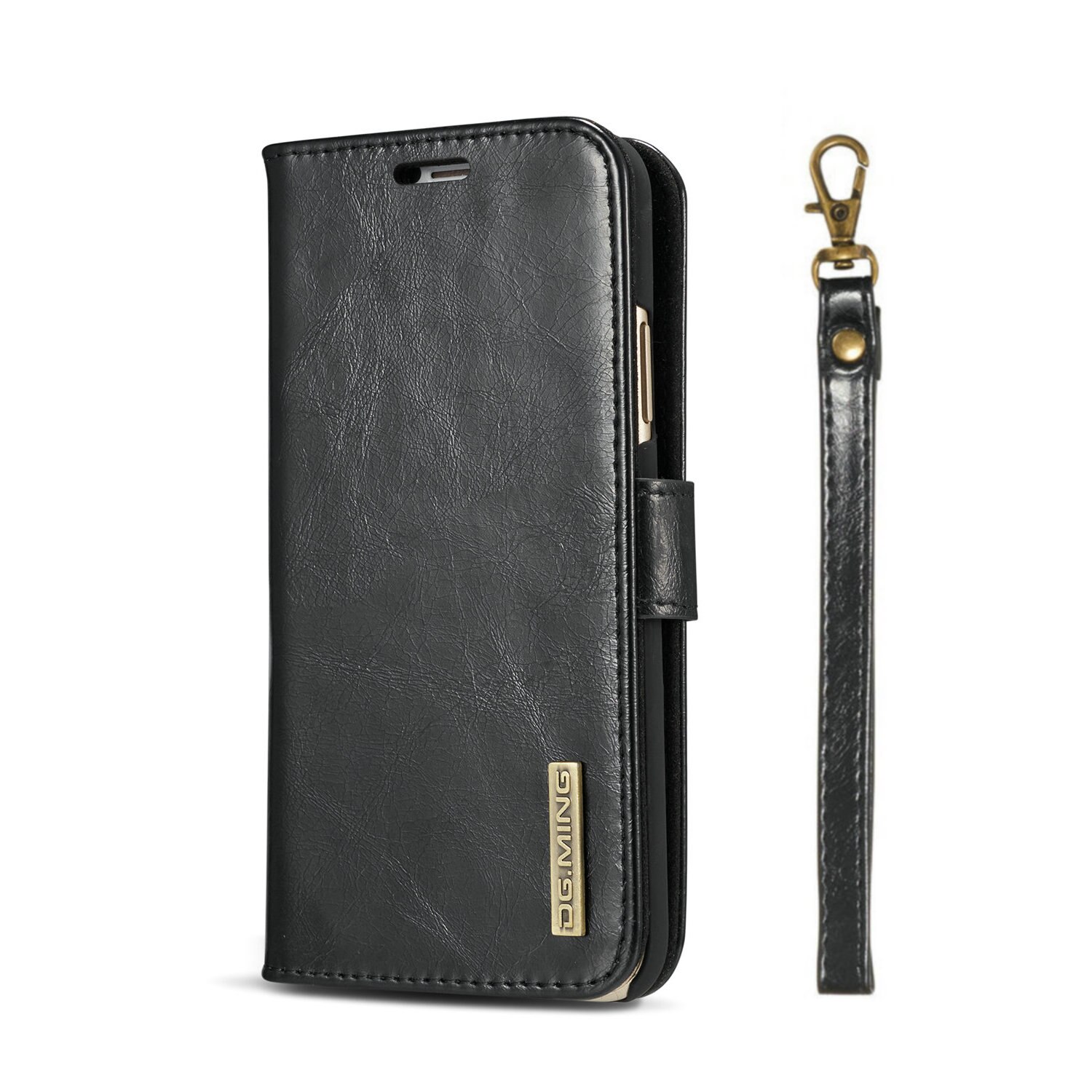 Husa iPhone X / XS - CaseME, piele, 2 in 1, curelusa mana, inchidere magnetica, tip portofel, back cover, stand, Negru