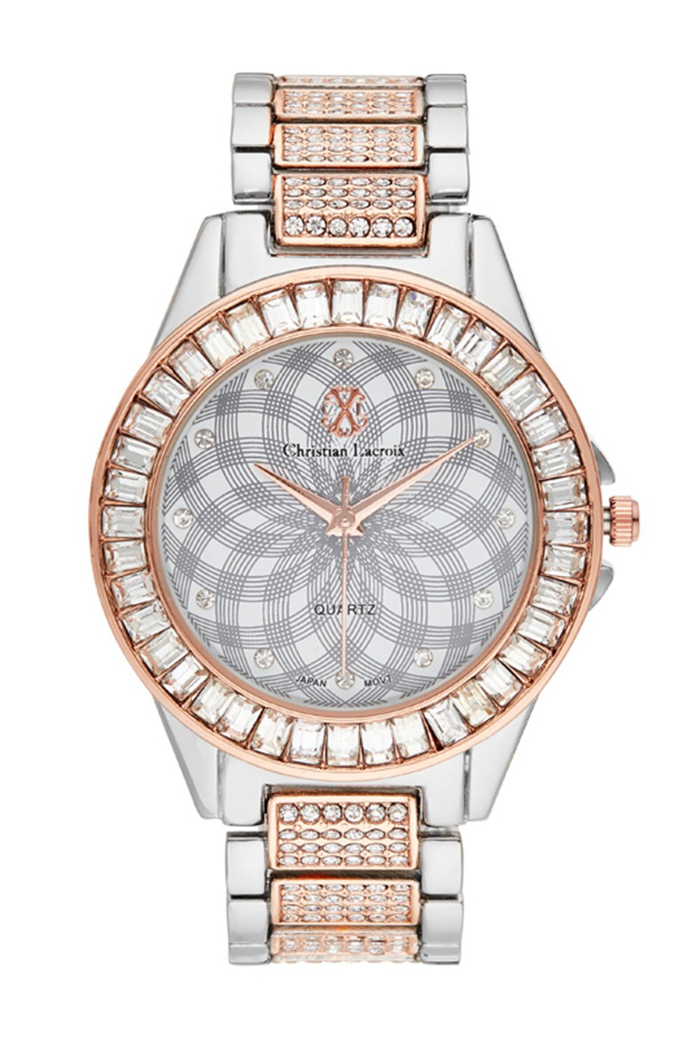 Christian Lacroix, Ceas cu bratara metalica, decorat cu strasuri, Argintiu/Auriu rose