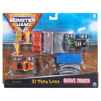 Set de joaca Monster Jam - El Toro Loco si Grave Digger, cu accesorii, scara 1:70 Set de joaca Monster Jam - El Toro Loco si Grave Digger, cu accesorii, scara 1:70