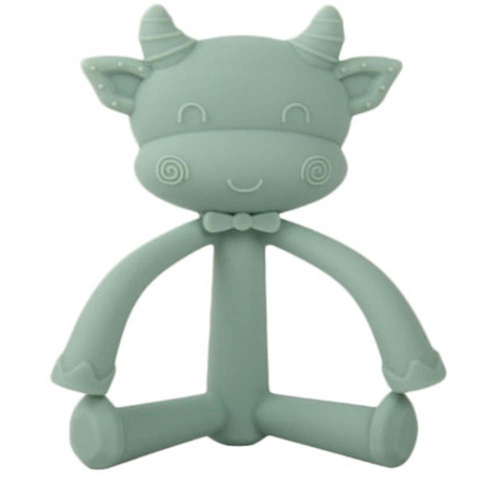 Jucarie dentitie bebelusi in forma de vacuta, aplicator gel gingival, silicon, 10 cm, verde