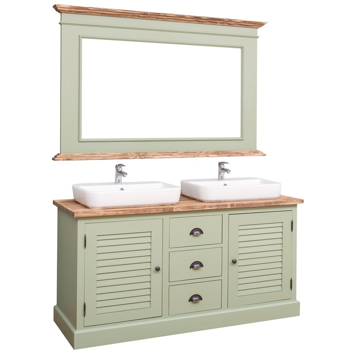 Dulap baie cu 2 usi lamelare + oglinda, sertare cu sine - lavoare incluse in pret, culoare top maro, culoare corp verde deschis, dublu color, 100% lemn masiv