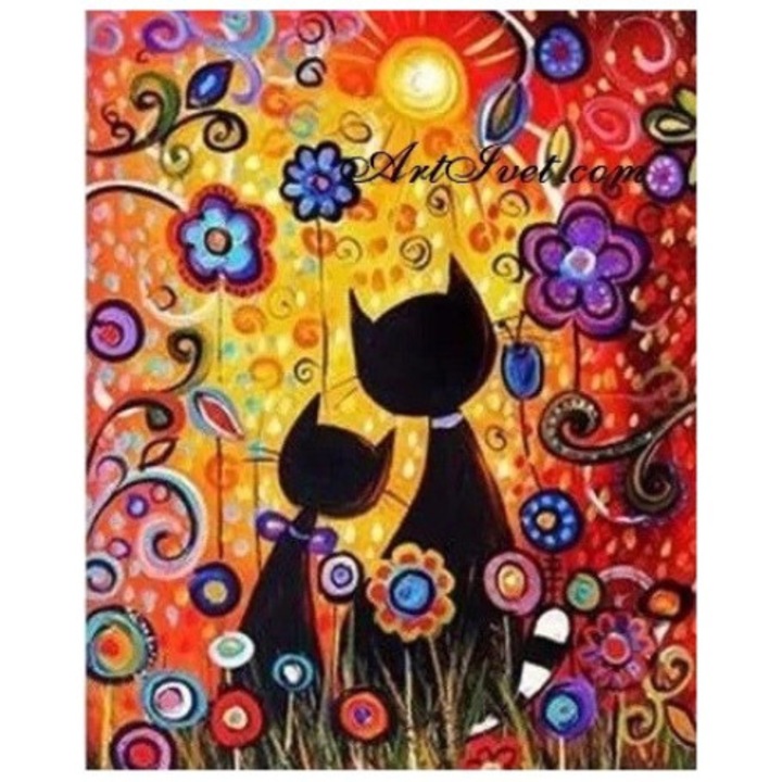 Pictura pe numere, canvas 54x44x53cm, pisici, in design colorat