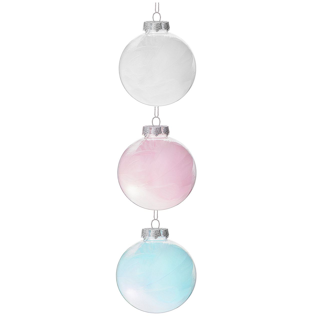 Set Globuri de Craciun din Acril, cu Pene Colorate, diametru 8 cm, 3buc