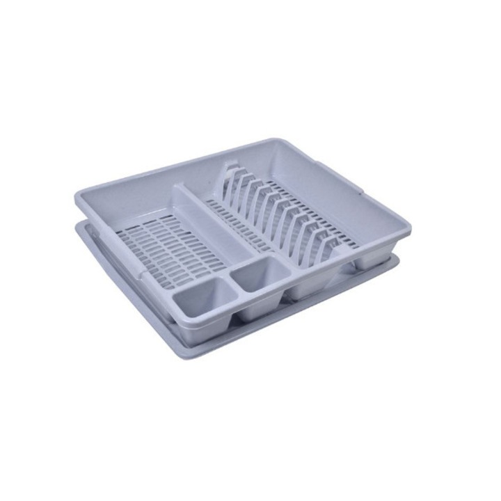 Scurgator de vase cu tava, plastic, gri, cu 2 compartimente pentru tacamuri, 46x38x8 cm