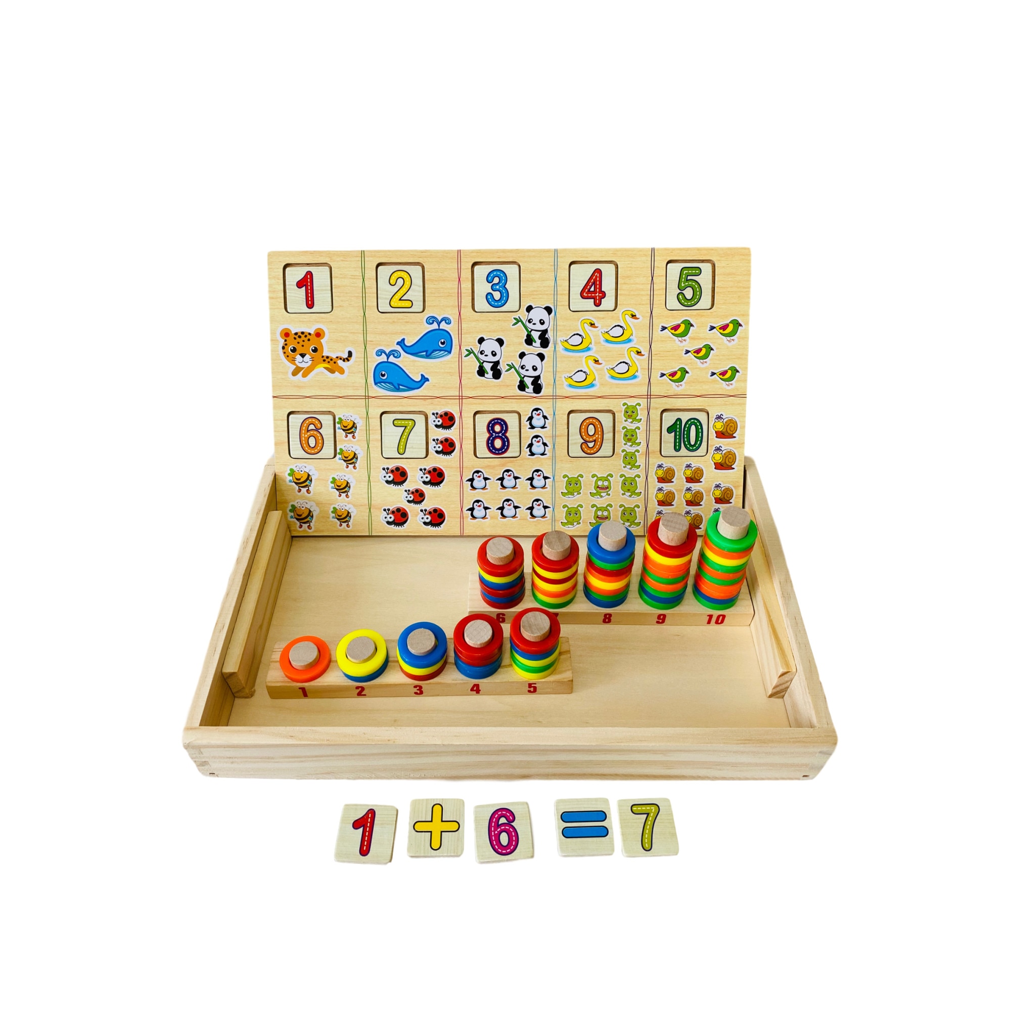 Joc educativ 3 in 1, cifre, culori si tablita pentru colorat, din lemn, Unitoys