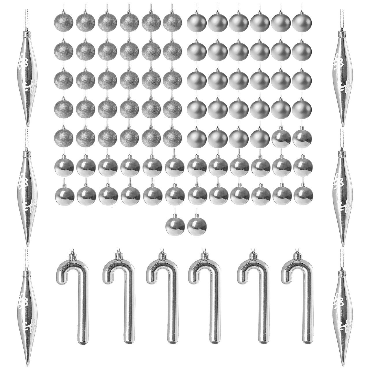 Set 100 Globuri si Decoratiuni de Craciun pentru Brad, din Plastic, argintiu