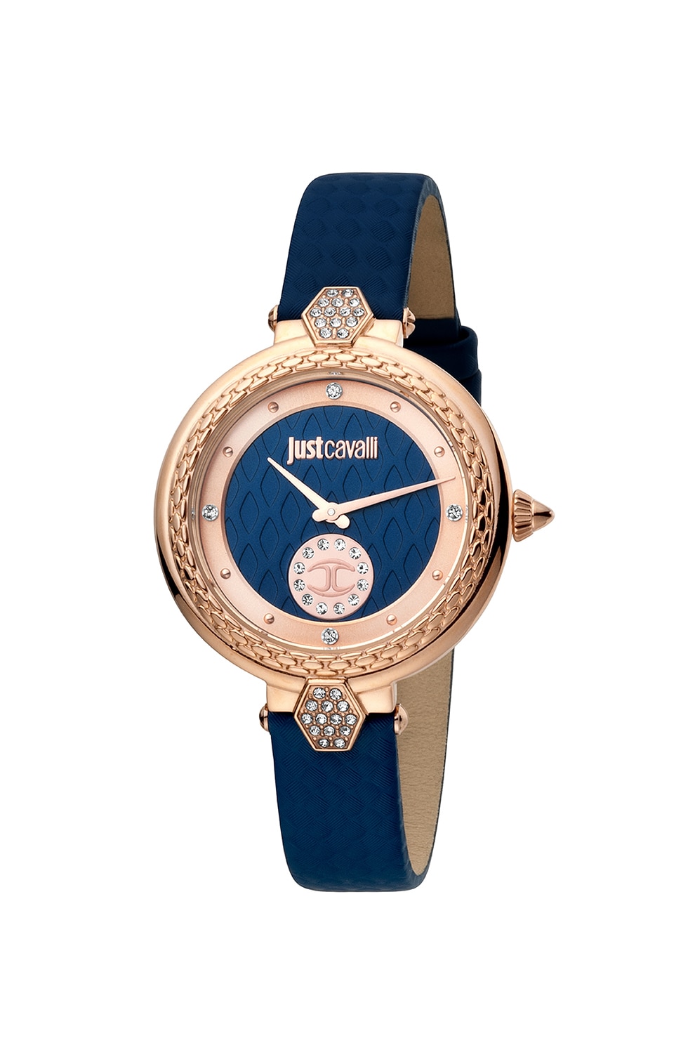 JUST CAVALLI, Ceas cu o curea din piele, decorat cu cristale, Bleumarin/Auriu rose